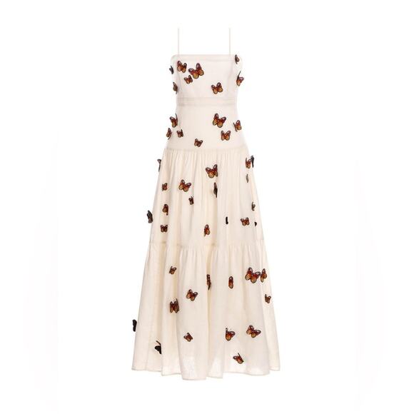 Agua By Agua Bendita Lima Embroidered Butterfly Linen Maxi Dress M - Picture 3 of 16